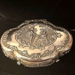 Vintage Baroque Silver Plated Jewelry Box with Red Velvet Lining